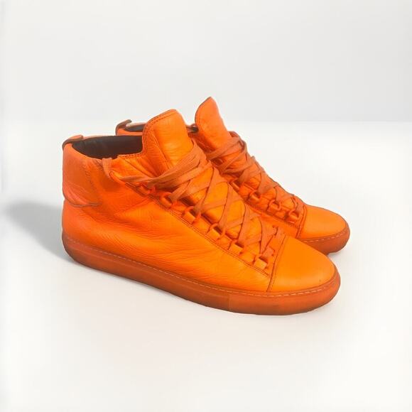 BALENCIAGA Arena Leather High-Top Sneakers Shoes Orange - Picture 1 of 6